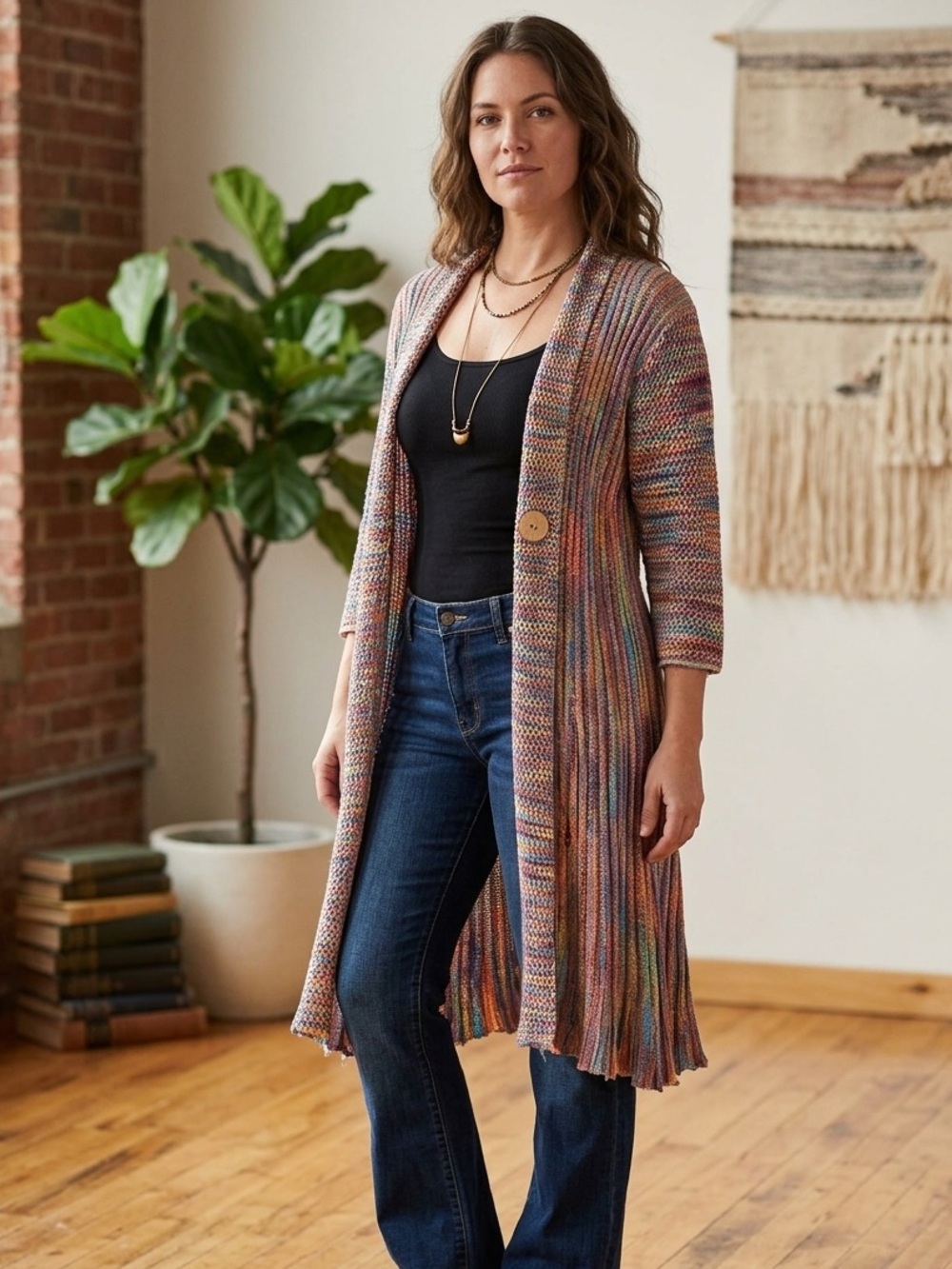 Kaktus Boho Rainbow L Space-Dye Open Knit Long Cardigan Sweater